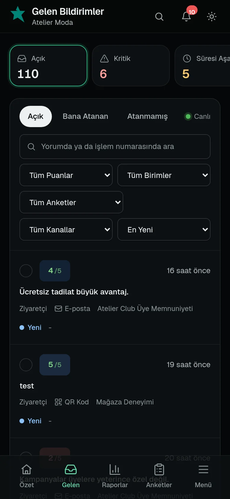 Telefonda panel: Gelen Kutusu
