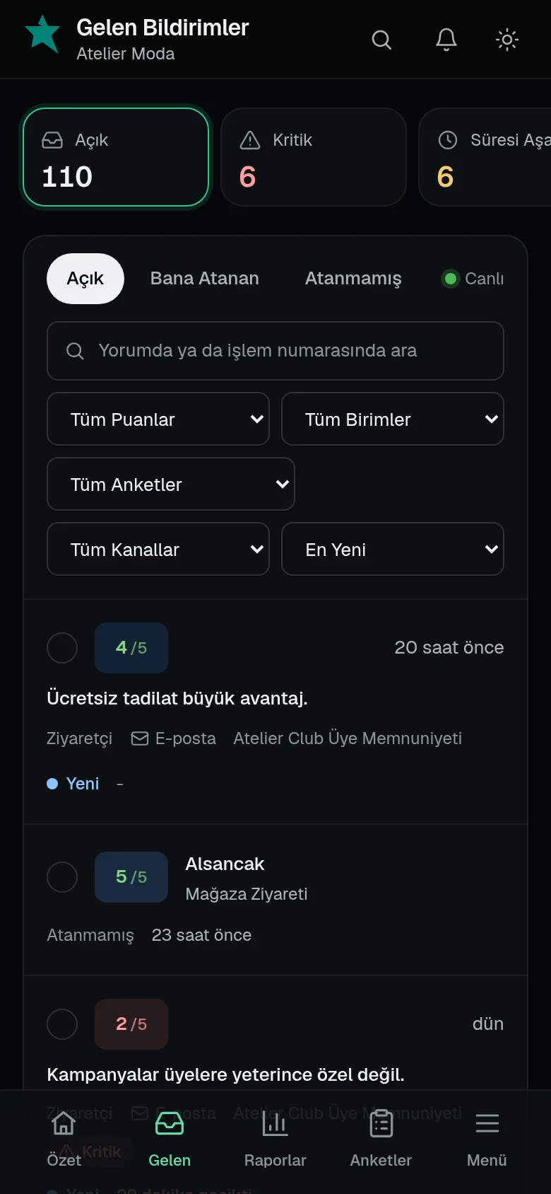Telefonda panel: Gelen Bildirimler