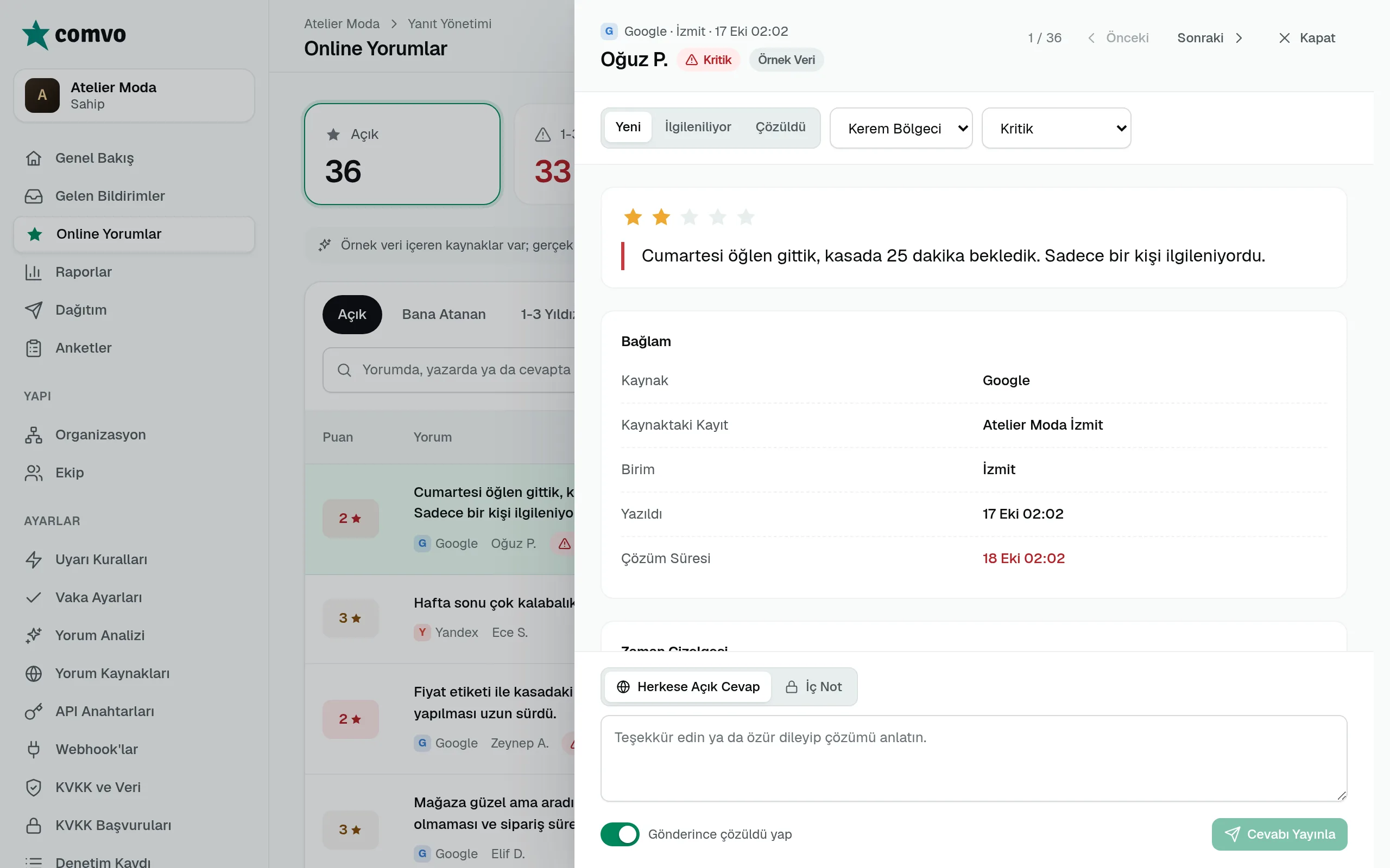 Online yorumlar: kaynak rozetli yorum listesi ve yorum ayrıntısı