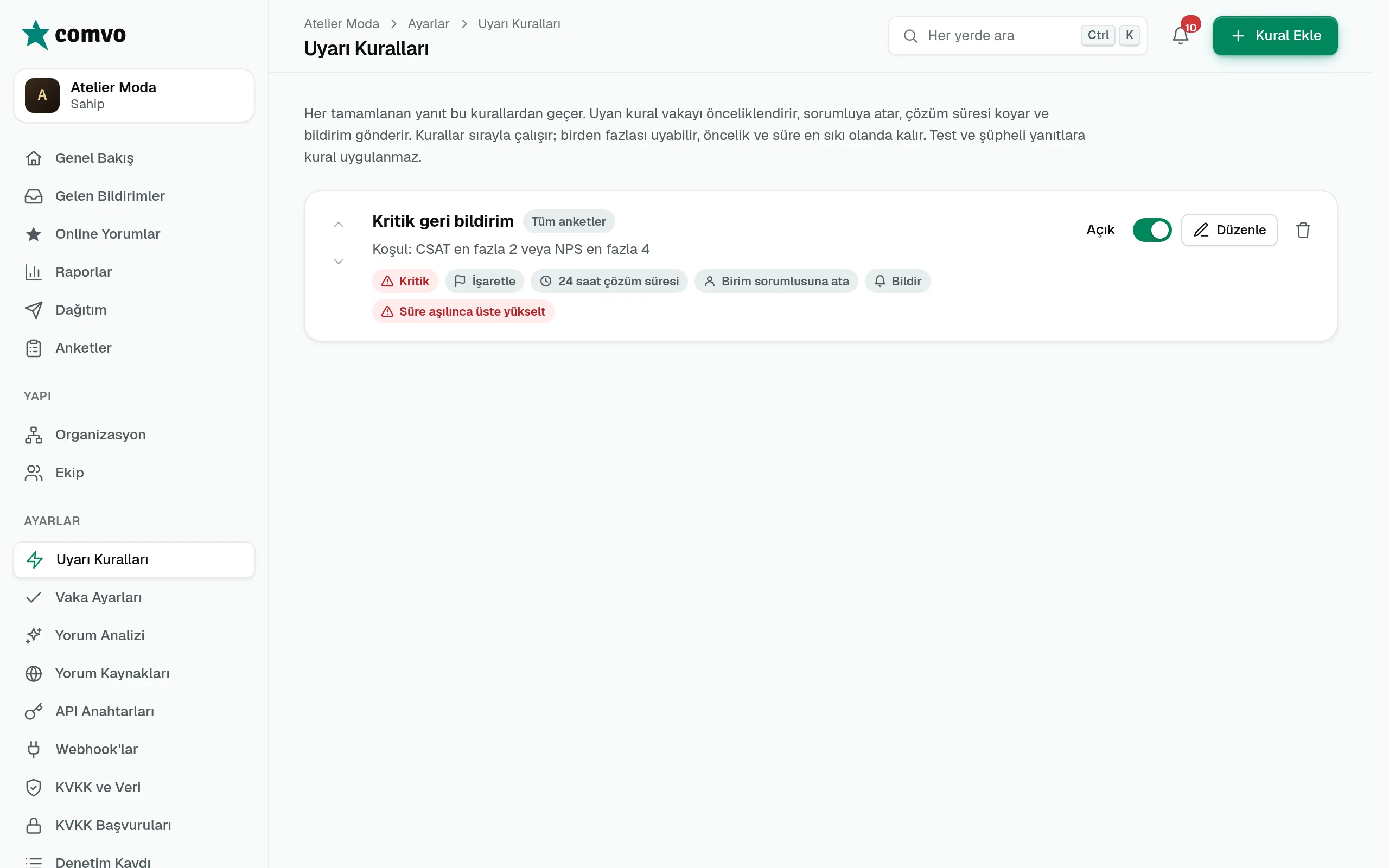 Uyarı kuralları listesi